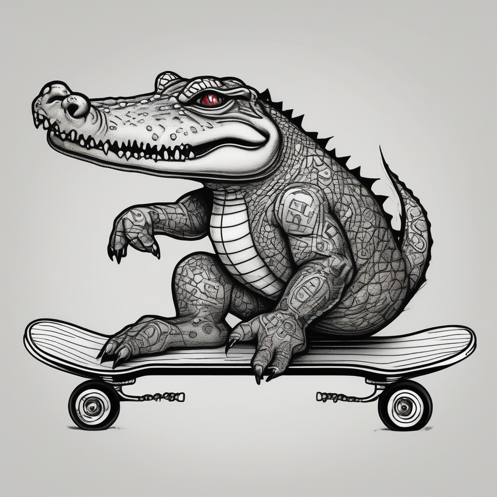 crocodile riding a skateboard with piercings and tattoos half sleeve tattoos for men, AI-generated Blackwork tattoo design